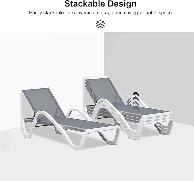 PURPLE LEAF Patio Chaise Lounge Chair Set Outside Aluminum Plastic Stackable Tanning Chairs with Armrests and Side Table for Pool Sunbathing Beach Deck Outdoor Lounger, Grey