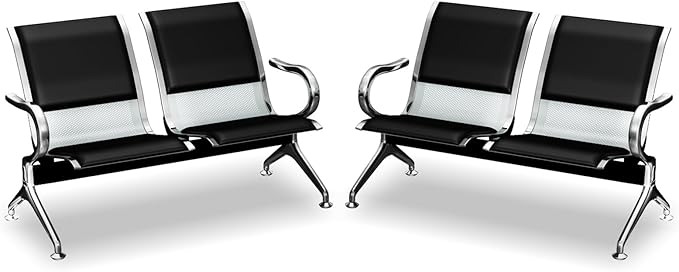 kinbor PU Leather Waiting Room Chairs - Airport Salon Office Waiting Area Reception Chairs Furniture Bench with Arms for Bank, Hospital, Barbershop, Black (Set of 2)