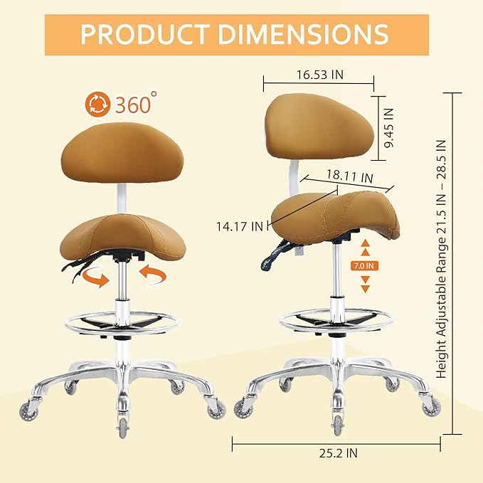 Nazalus Saddle Stool Chair with Back Support Footrest, Heavy-Duty(350LBS), Hydraulic Rolling Swivel Adjustable Stool Chair for Salon Spa Beauty Massage Dental Clinic Home Office Use(Camel)