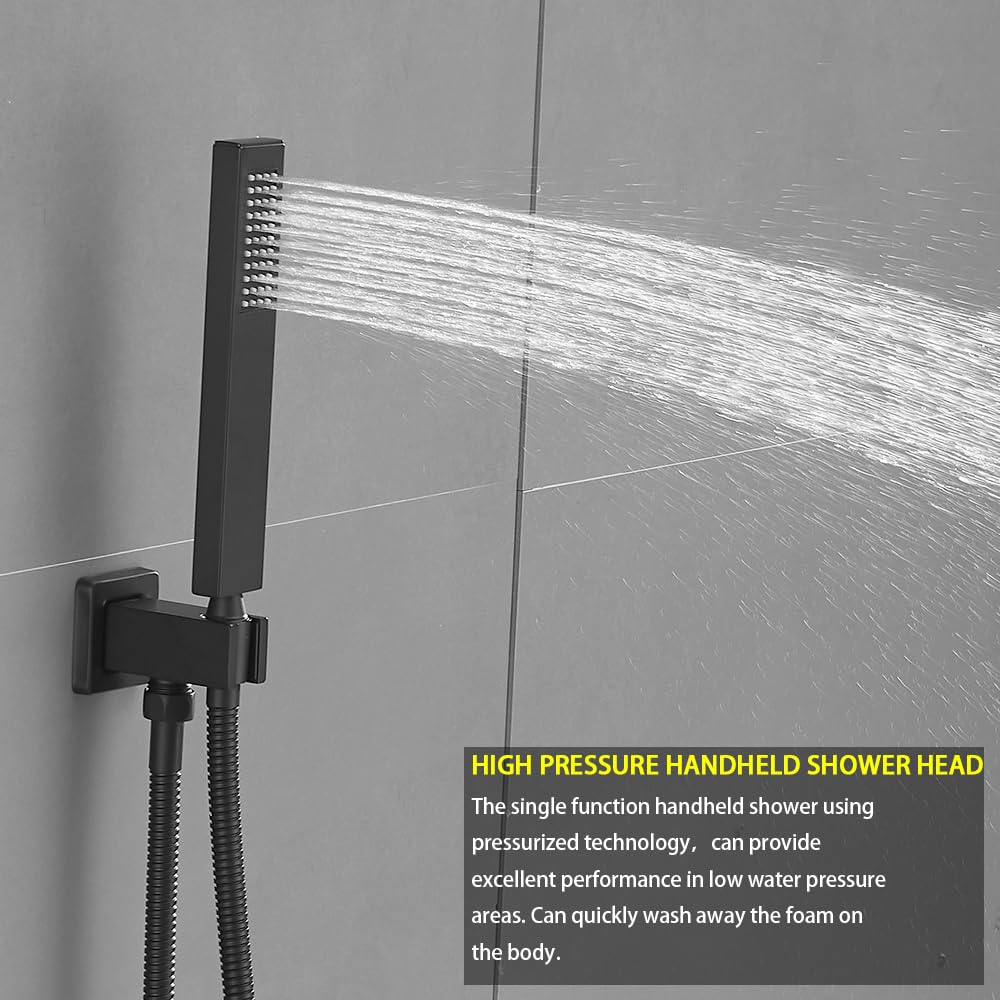 JingGang Matte Black Shower System with Push Button Diverter, Ceiling Mount Luxury 12 Inch Rain Shower Head with Handheld Spray, Shower Faucet Combo Set with Rough-in Valve Body and Trim Kit Included