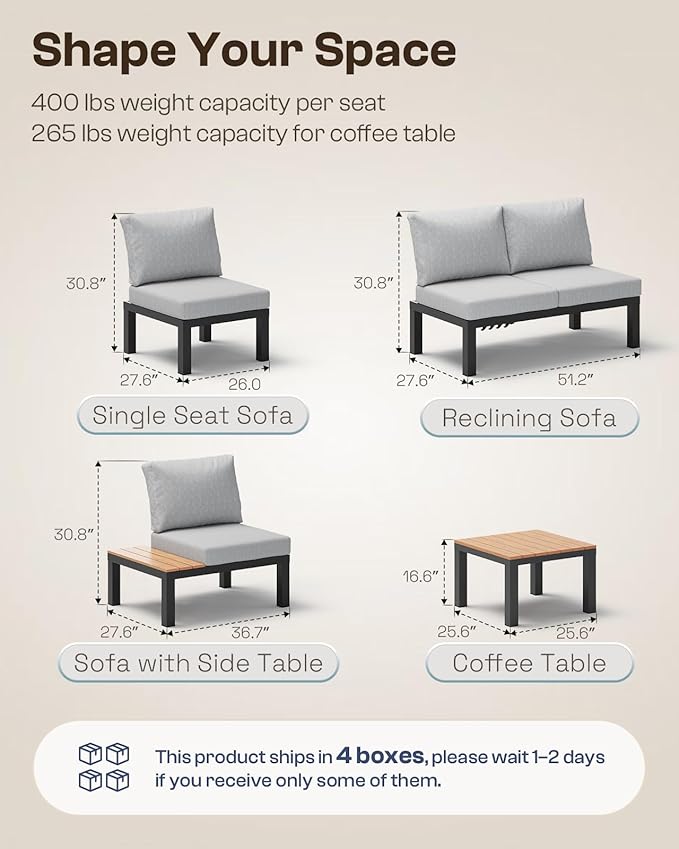 Oasbira Aluminum Modular Outdoor Patio Furniture Set, 6 Seats Patio Sectional Sofa Set with Adjustable Backrest & Thick Cushions, All-Weather Conversation Sets with Table for Garden & Yard, Gray