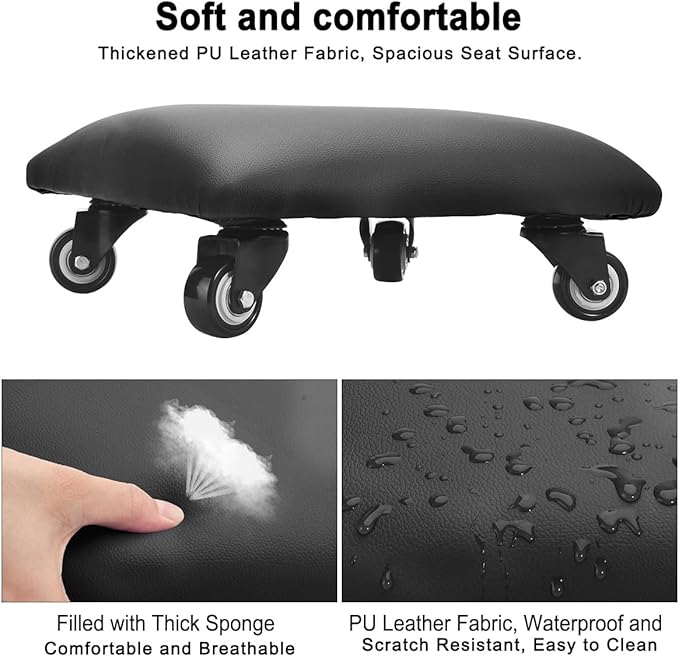 FLOLXNB Low Height Rolling Stool Low Roller Seat PU Leather Square Roller Seat Stool Low Rolling Chair for Home Office Fitness Garage (Black)