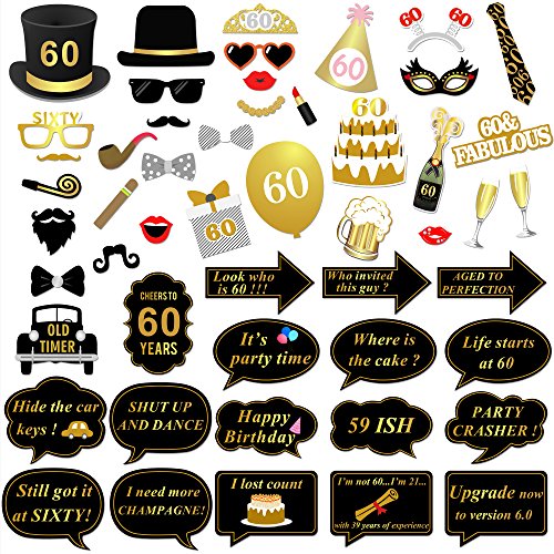 60th Birthday Party Photo Booth Props (51Count) for Her Him 60th Birthday Gold and Black Decorations, Konsait Big 60 Birth...