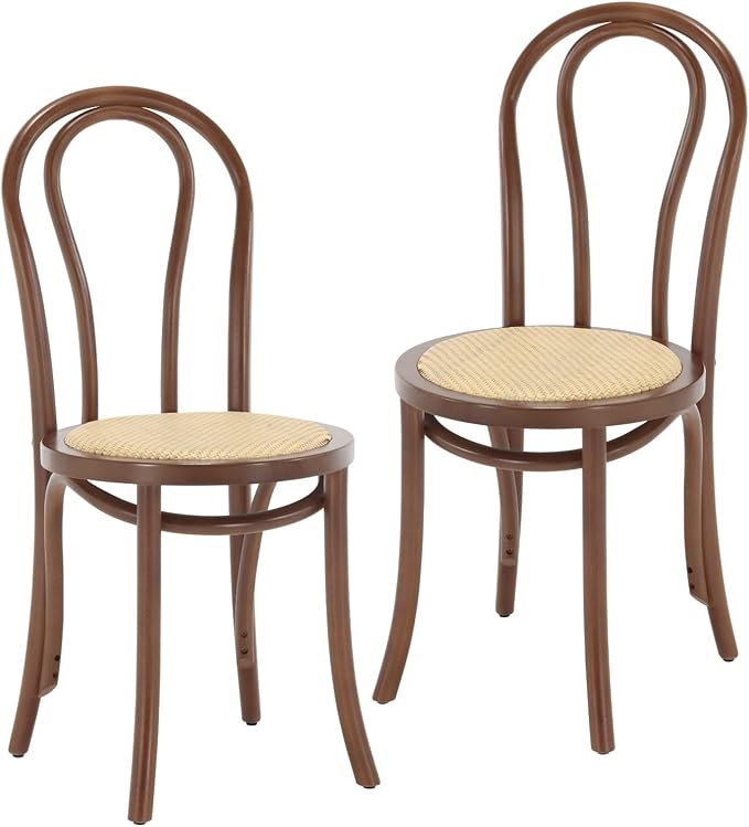 DM Furniture Bentwood Dining Chairs Set of 2 Mid-Century Modern Rattan Kitchen Chair with Backrest, Armless Curved Wood Bistro Chair for Dining/Kitchen Room,Home No Assembly Required, Walnut Wood