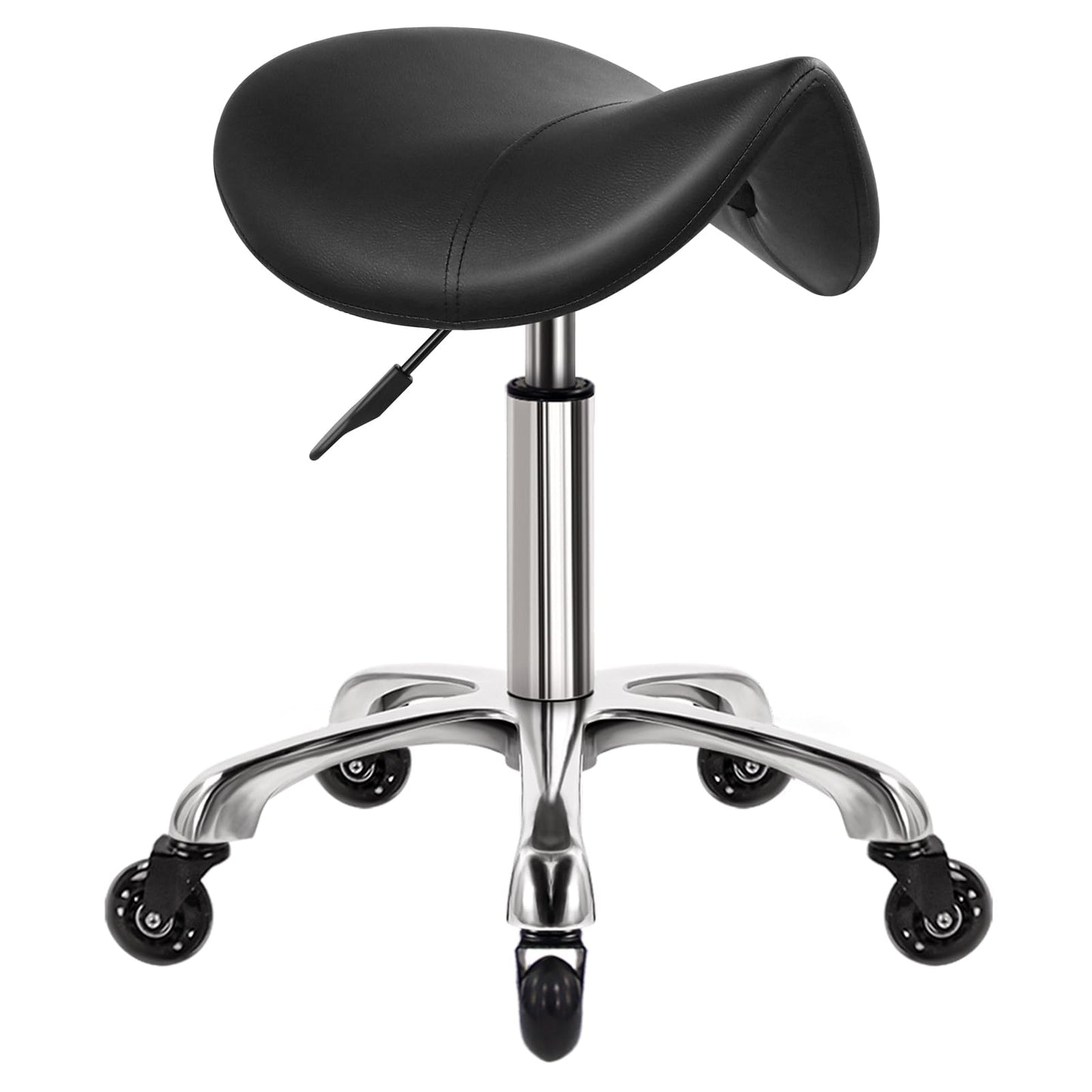 WKWKER Heavy Duty Saddle Rolling Stool With Wheels - Hydraulic Swivel Adjustable Chair, Ergonomic Thick Leather Seat for Kitchen