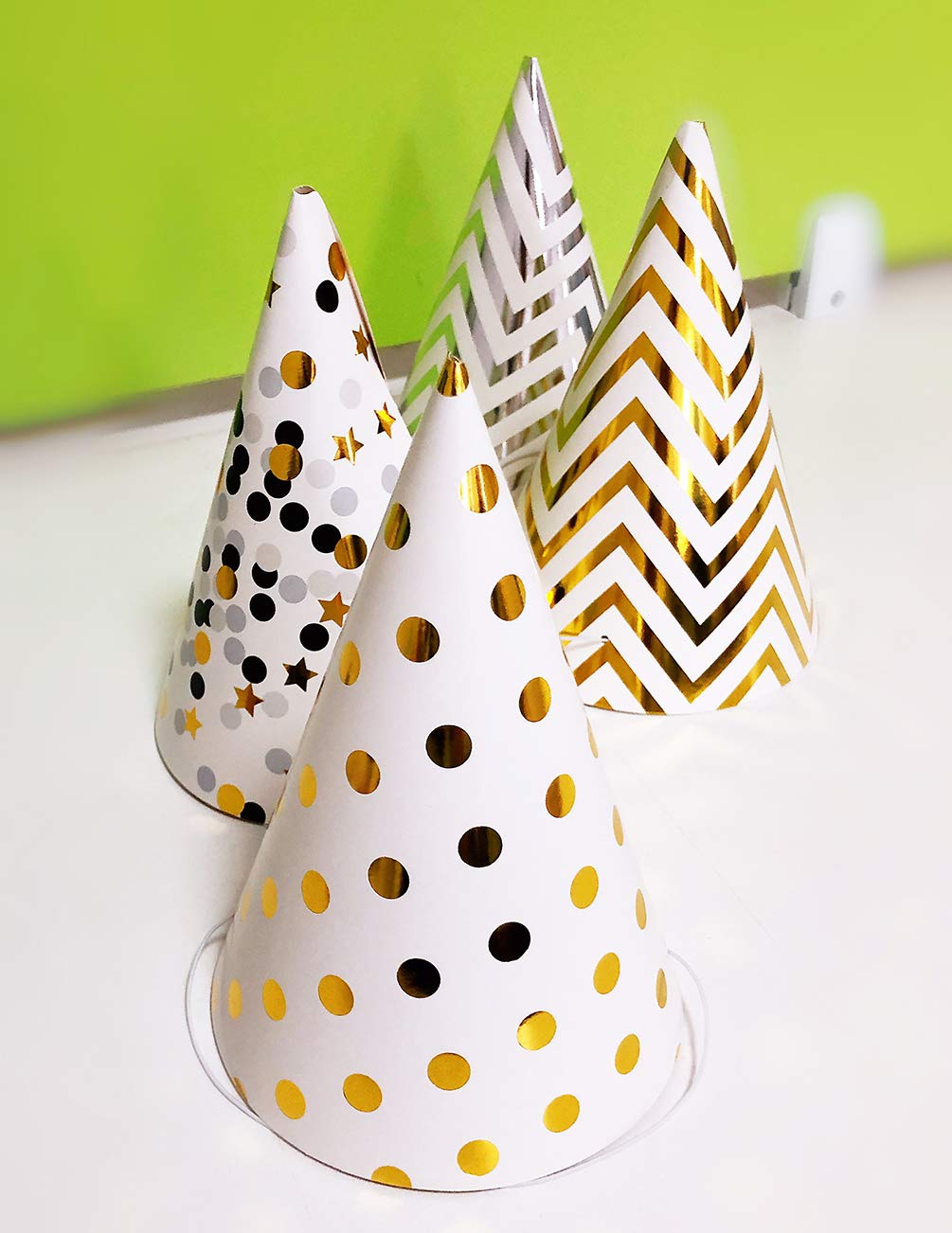 Boieo Party Hats Birthday Cone Set Gold Polka Dot Striped Paper for Adults Kids Happy Birthday Party Decorations 12 Pcs
