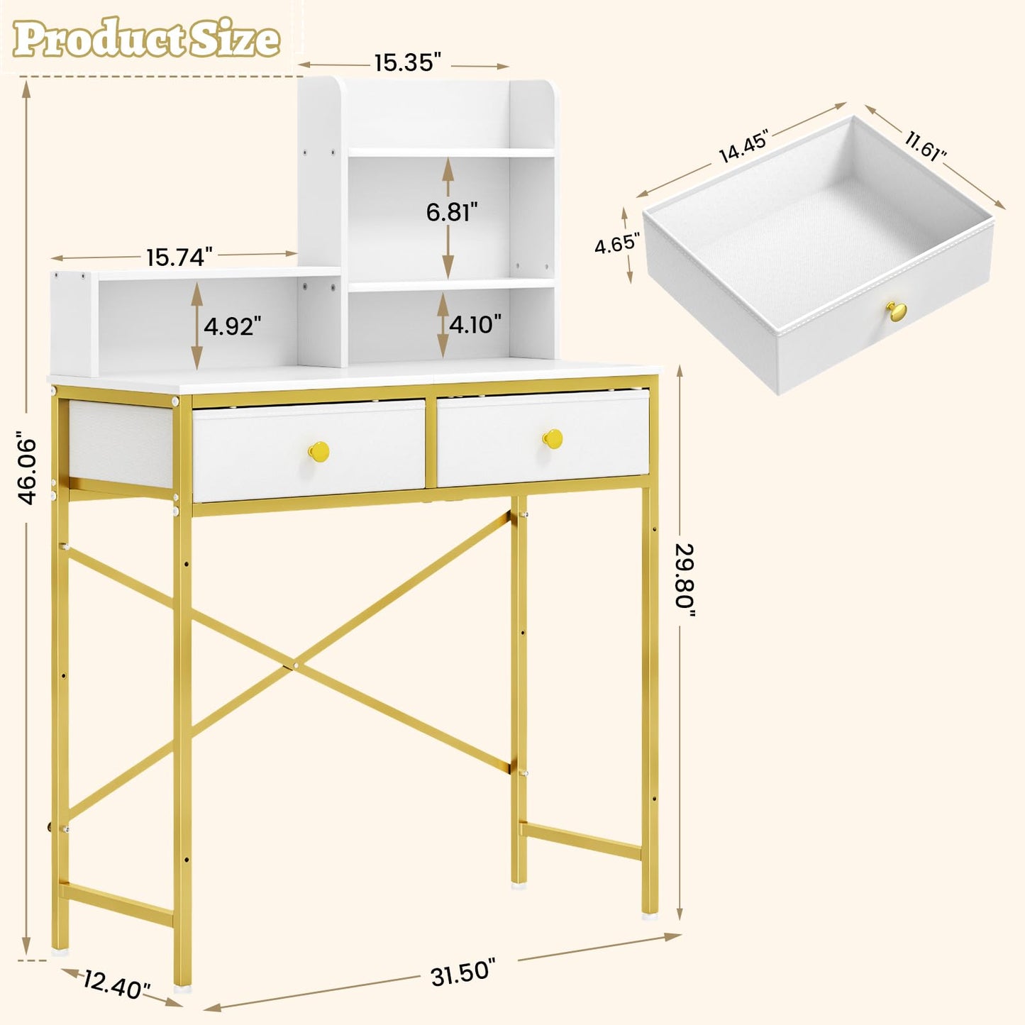 Makeup Vanity Desk No Mirror for Bedroom, Vanity Table Set with 2 Drawer and Open Storage Shelves, Small Vanity for Small Spaces, White and Gold, 31.5in(L)