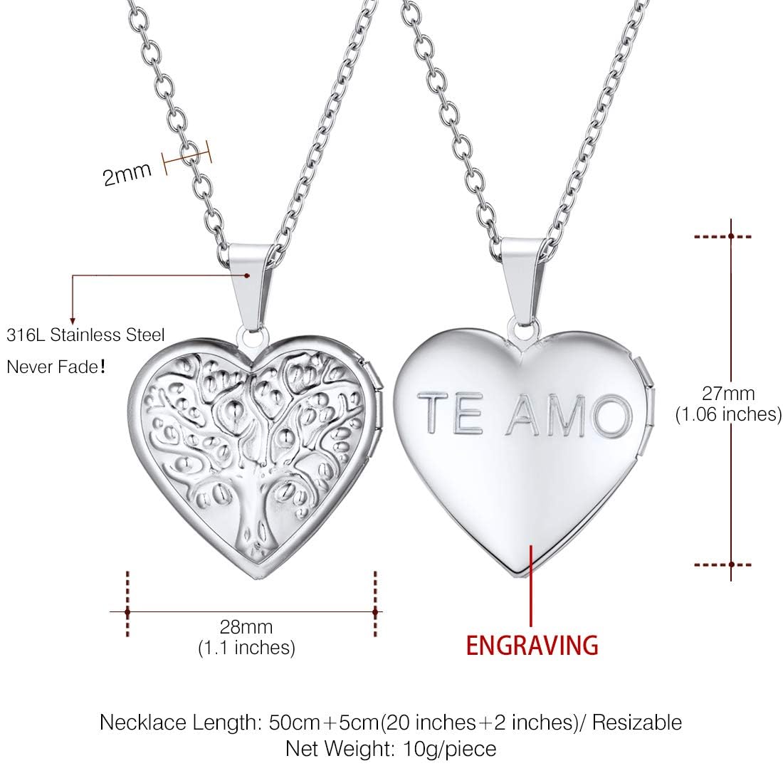 U7 Platinum Plated Family Tree Heart Shape Photo Locket Necklace, Christmas with Decent Box