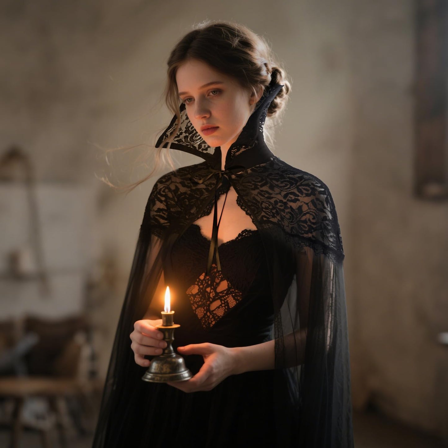 L'VOW Black Vampire Cloak Stand-up Lace Collar Cape Gothic Tulle Witches Cape for Womeen Halloween
