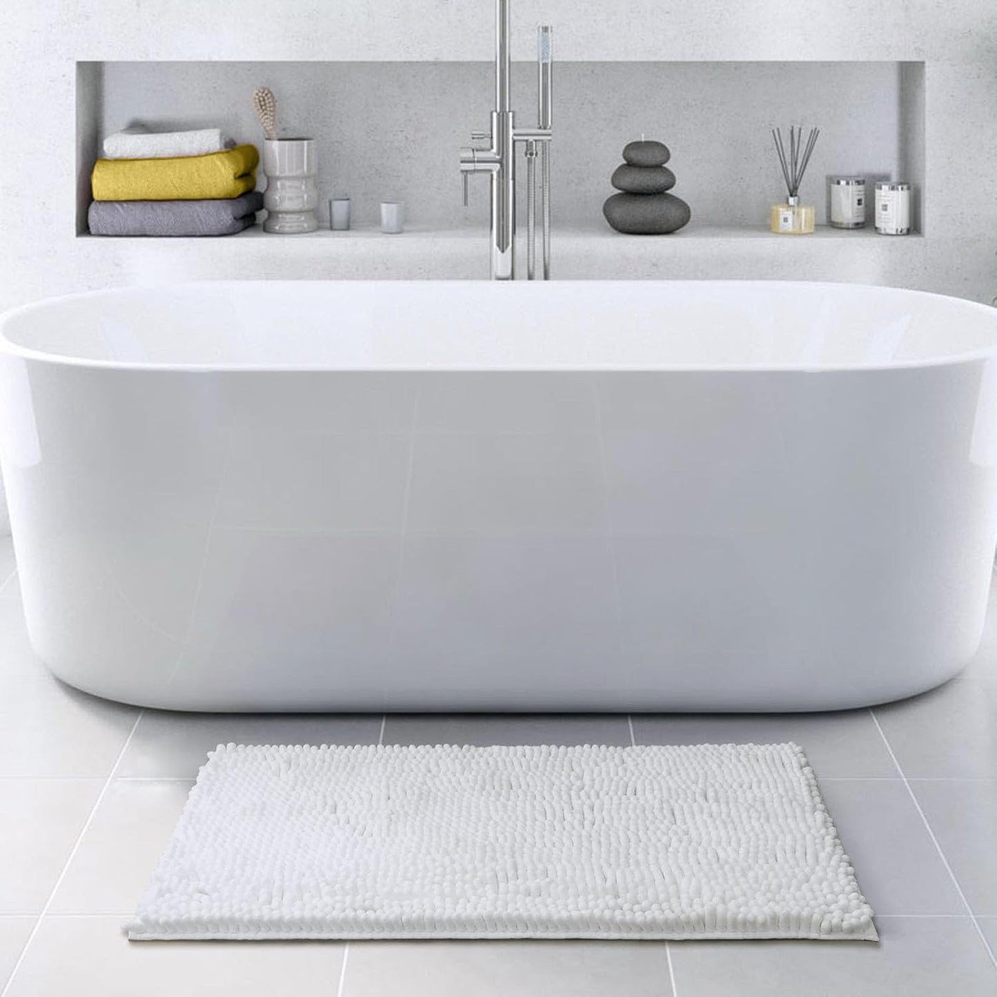 FRESHMINT Chenille Bathroom Rugs Mat 32”x20”, Non-Slip Bath Mat for Bathroom Floor & Bathtub, Washable Soft Shower Shag Bath Rugs, Durable Fluffy Thick Water Absorbent Microfiber Shower Mat, White