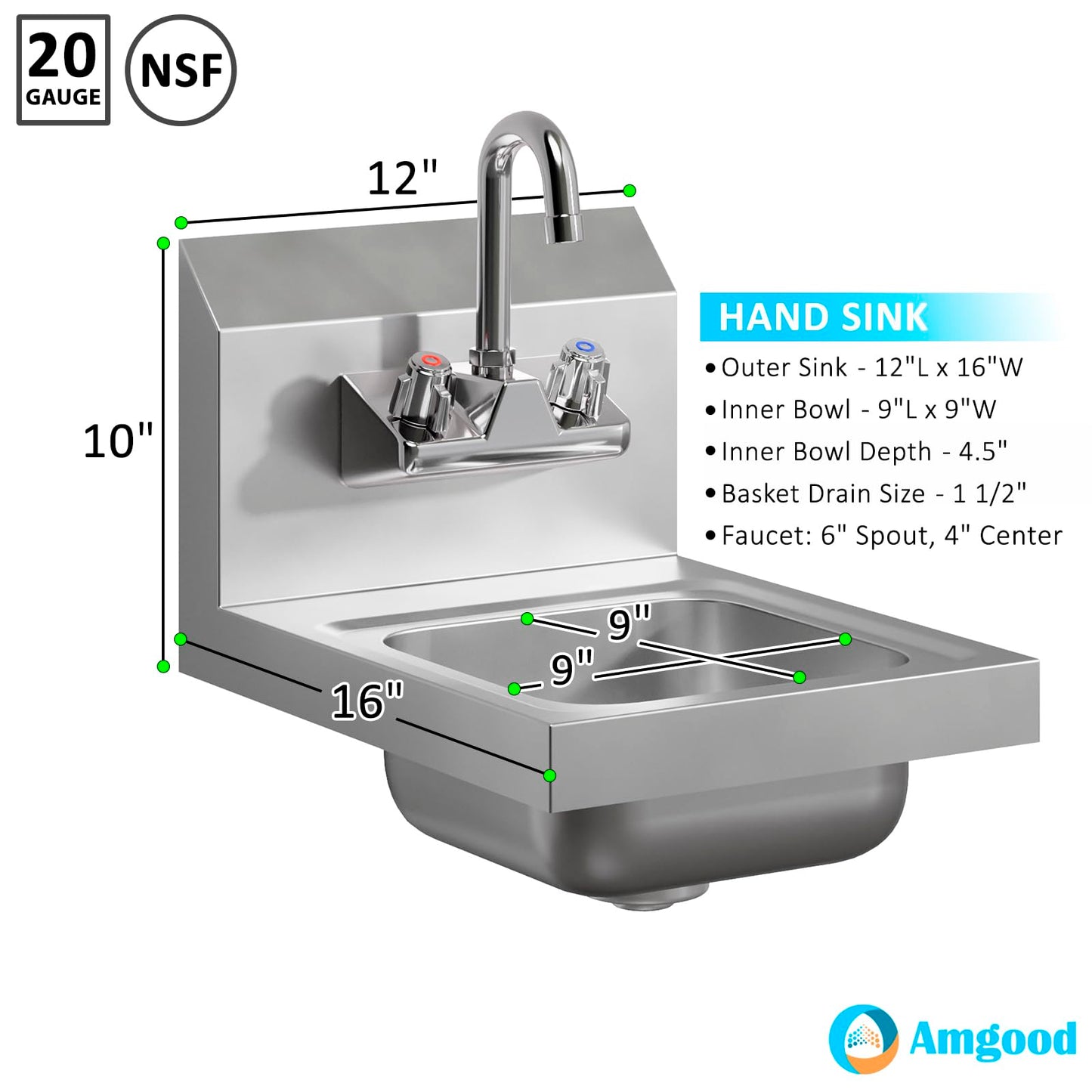 AmGood Stainless Steel Wall Mount Hand Sink 12" x 16" | NSF Commercial Hand Washing Basin with Faucet For Restaurant, Kitchen and Home | Bowl Size: 9" x 9"