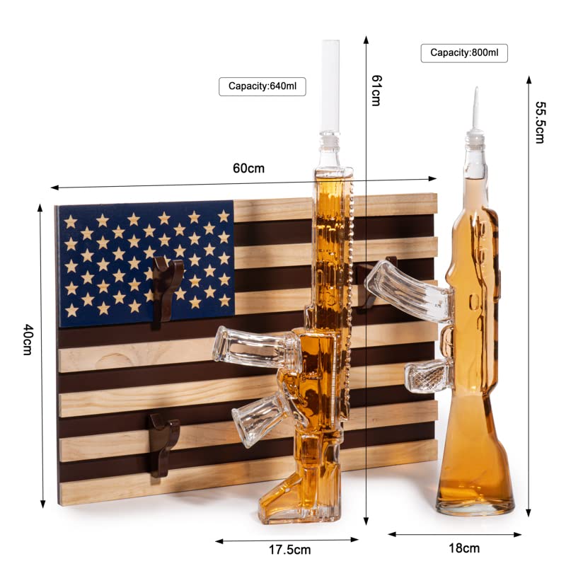 Gifts for Men Dad, Whiskey Decanter Set, 2 Gun Whiskey Decanters Set AR15 and AK47 Gun Decanter 1000ml American Flag Wall Rack - Veteran Gifts, Gun Lover Gifts, Tik Tok Gun Decanter, Military Gifts