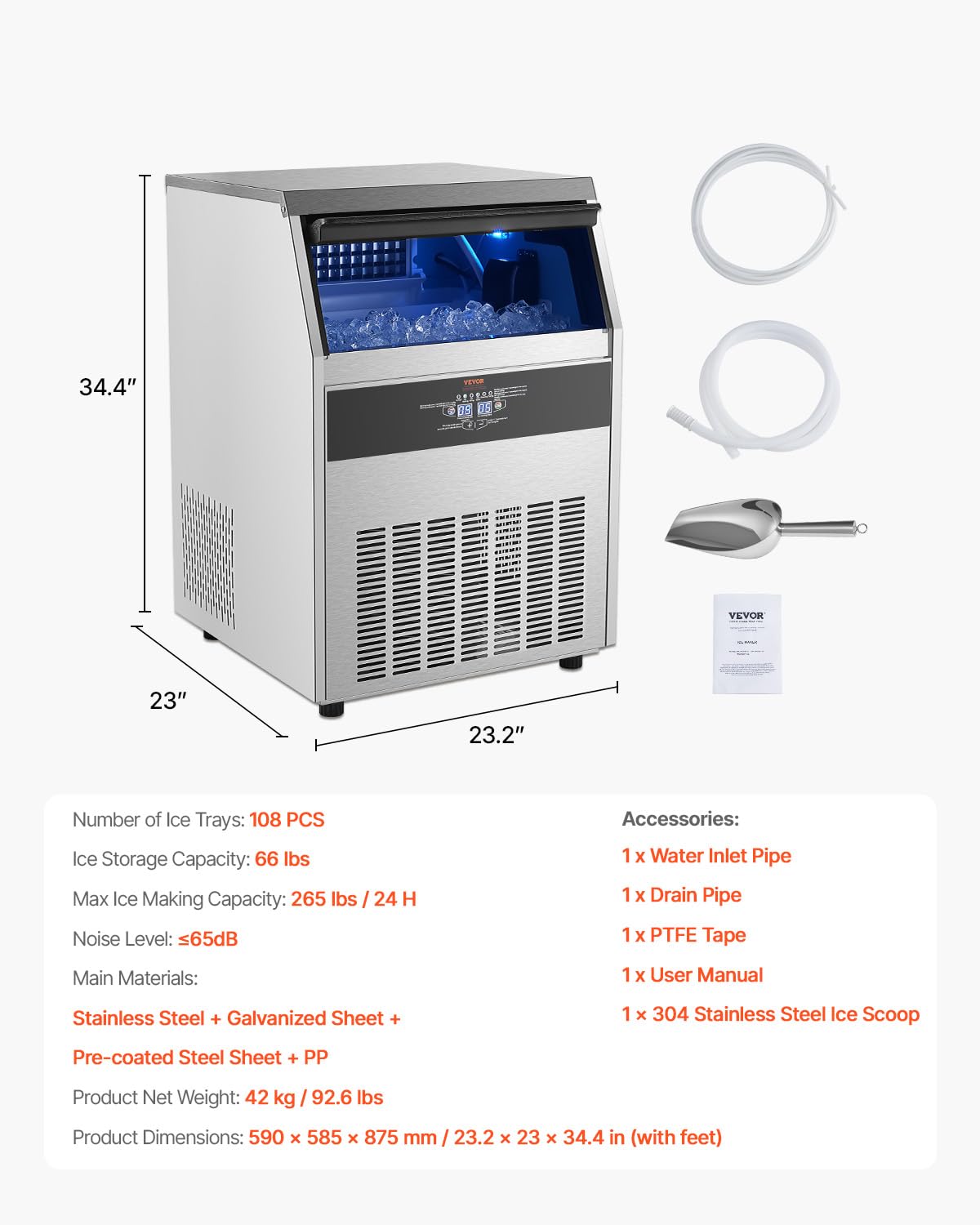 VEVOR Freestanding Ice Maker Machine for Bar Office Restaurant (265lbs/24H)