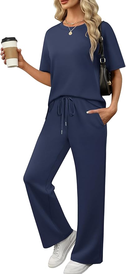 XIEERDUO Women's Side Slit Lounge Sets 2 Piece Travel Outfits Airport Tracksuit Oversized Wide Leg Loungewear S-3XL