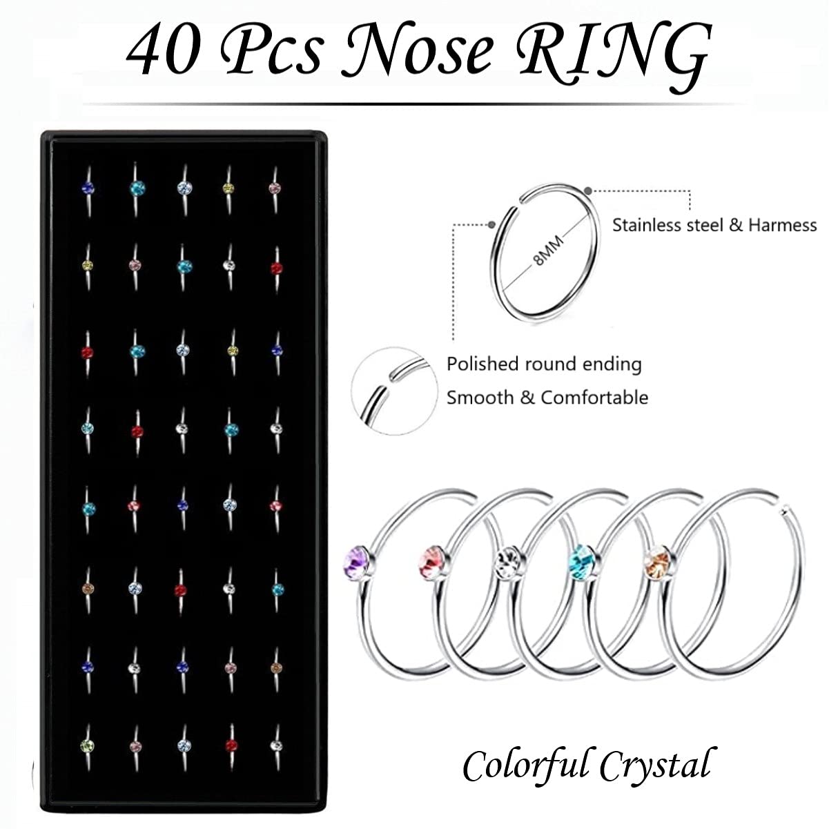 3 Sets 160 Pcs Stainless Steel Nose Piercing Jewelry, L Shaped Nose Rings & Studs, Colorful Hoops for Women & Men, 1.5/2/2.5mm,