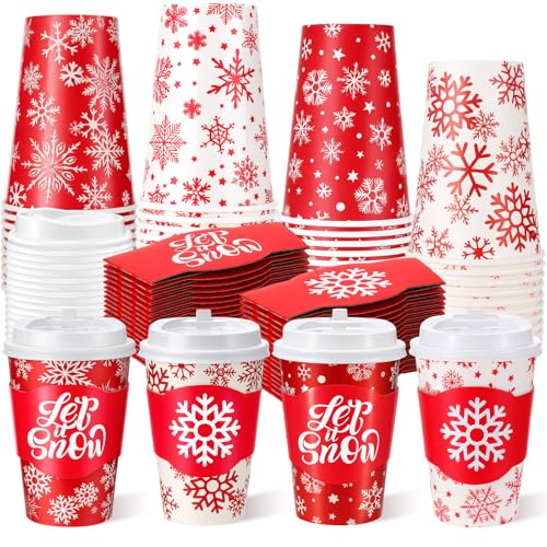 Potchen 24 Sets 12oz Winter Snowflake Coffee Cups with Lids and Sleeves Red Christmas Snowflake Paper Drinking Cups For Xm...