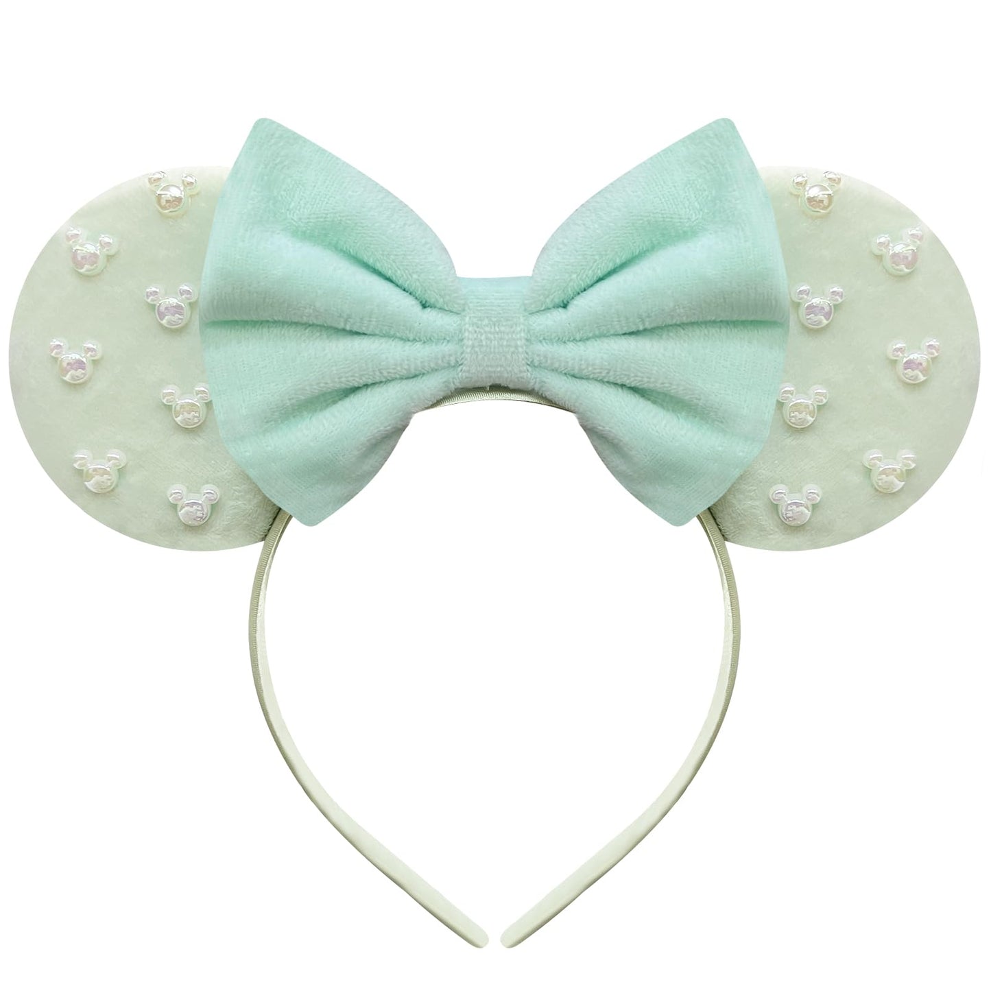 Trnerm Mint Green Fuzzy Mouse Ears Headband for Women, Cute Beads Headband with Bows,Halloween Costume Accessory