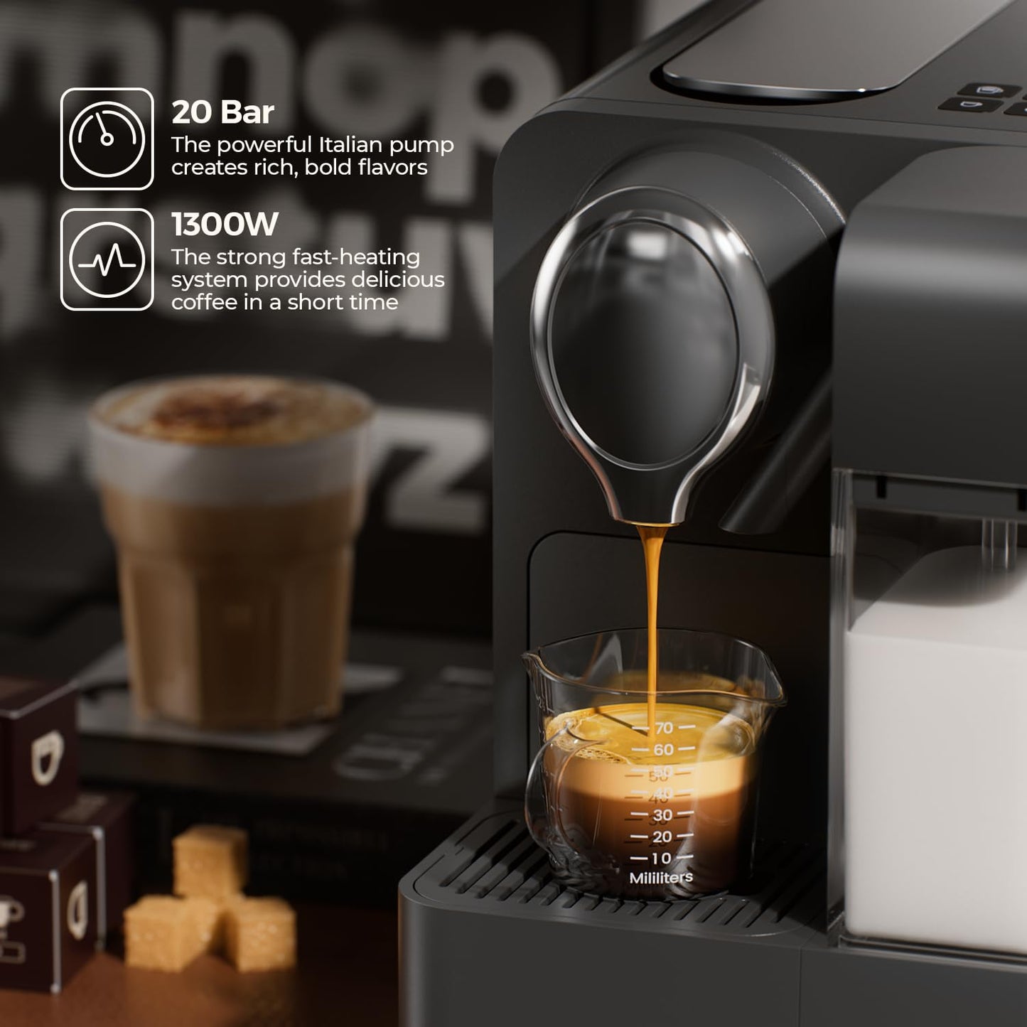JZ.CAFE Espresso Machine with Integrated Automatic Milk Frother - Single-Serve Coffee Maker Capsule Compatible, One Touch Latte & Cappuccino, Single or Double Shot Espresso Maker