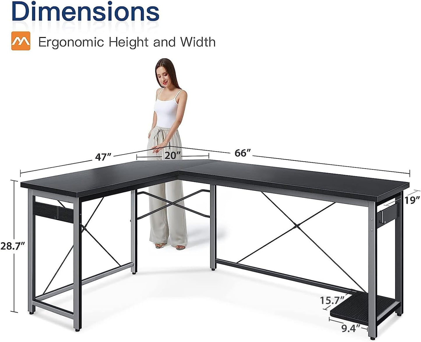 Coleshome 66" L Shaped Gaming Desk, Corner Computer Desk, Sturdy Home Office Computer Table, Writing Desk, Larger Gaming Desk Workstation, Black