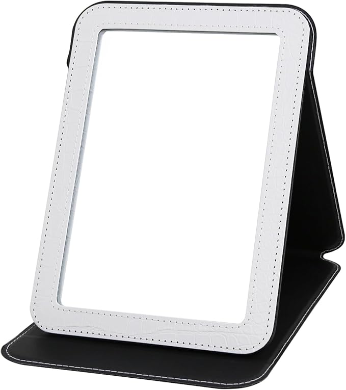 White Foldable Desk Mirror, 6.5×8.9” Adjustable Angle Rounded Rectangle PU Edge Covering Travel Mirror with Stand (LWhite)