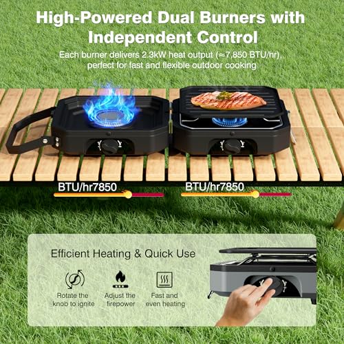 Camping Stove Portable Propane Camp Stove with Independently Adjustable Heat & Carry Bag, Foldable Gas Stove with 2 Burner...