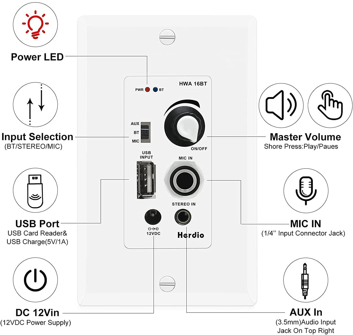 Herdio 5.25'' Home Audio Package Wall Mount Bluetooth Amplifier Receiver System with 300W in Ceiling Wall Passive Speakers Great for Home Theater Office Bathroom Kitchen Living Room (A Pair)