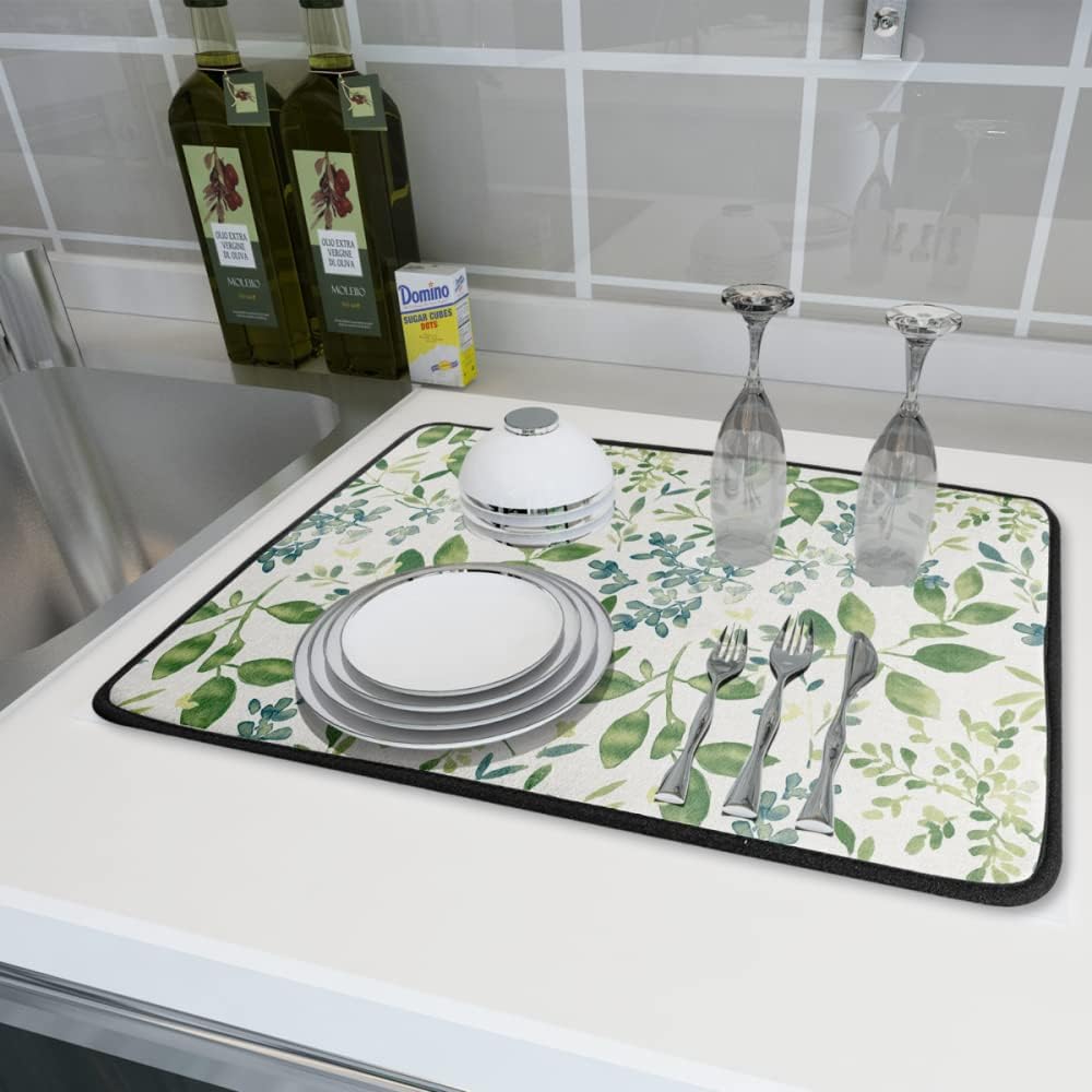 Green Leaves Branches Dish Drying Mat for Kitchen Counter 18x24 Inch Washable Microfiber Drying Mat Spring Floral Absorbent Drying Pad with Hanging Loop for Home Coffee Bar Decoration