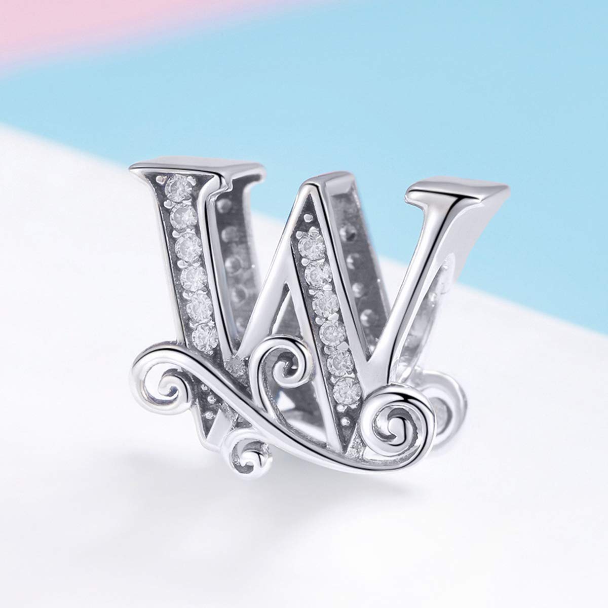 BISAER 925 Sterling Silver Initial Letter W Charms for Bracelets Alphabet Beads Charm Jewelry Gifts