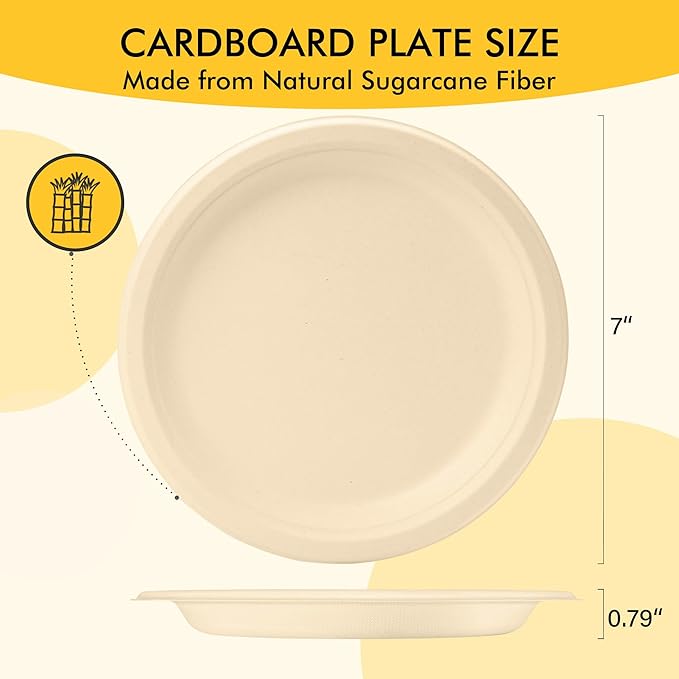 RACETOP Compostable Paper Plates 7 Inch [125 Pack], Disposable Biodegradable Heavy Duty Paper Plates, Made of Natural Sugarcane Fibers, Unbleached Brown, Round