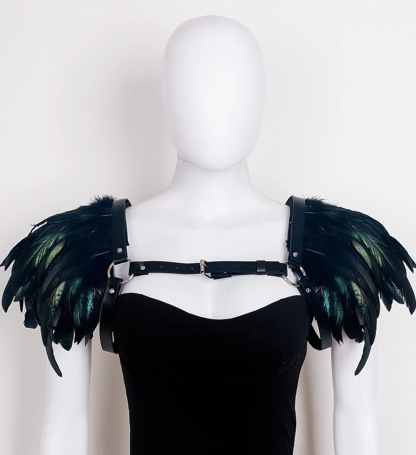 Joukavor Medieval Natural Feather Epaulet Shrug Shoulder Strap with PU Leather Halloween Harness Costume for Women(Black-1)