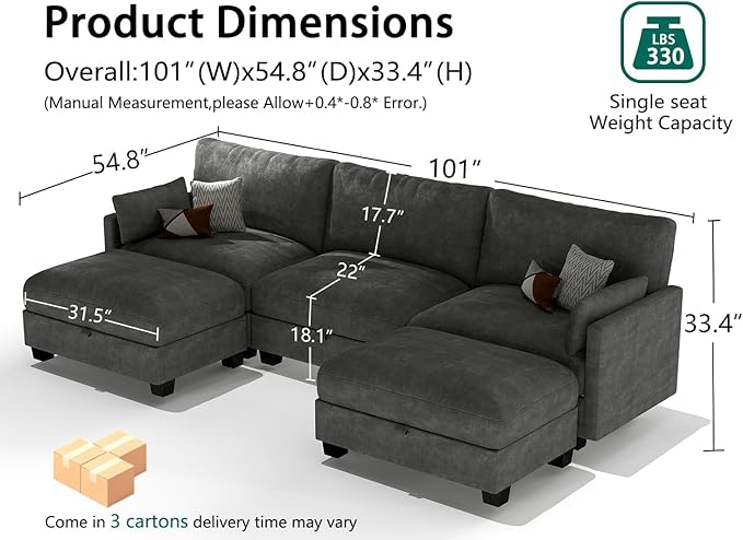 OhaiAura Modular Sectional U Shaped Sofa Couches for Living Room, Cloud Couch with Storage Ottoman, Comfy Chenille Sofa with Pillow, Dark Gray