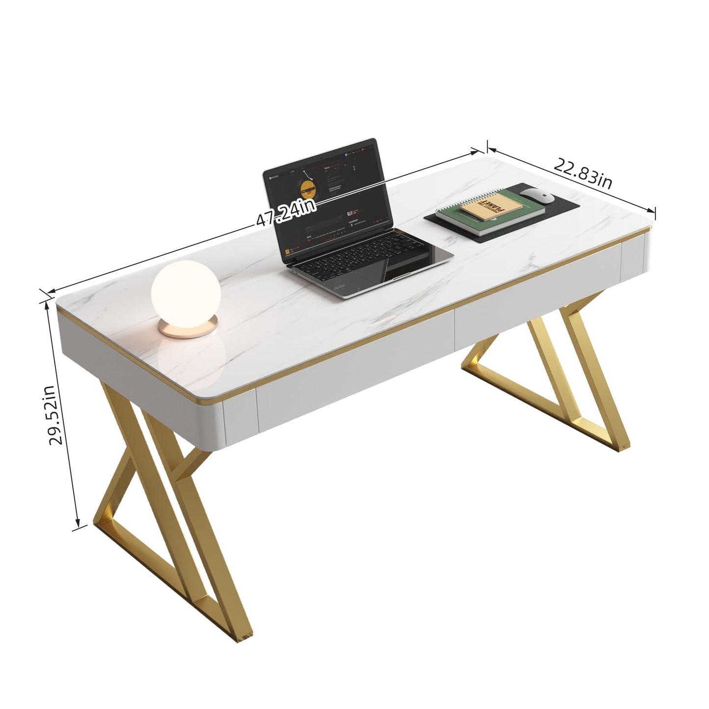 Dongge Modern Office Computer Desk with Tempered Glass Top & Marble Pattern, White Wooden Gaming Desk with Drawers, Thick Lacquered Writing Desk for Home Office, Bedroom and Living Room (XZ-104)