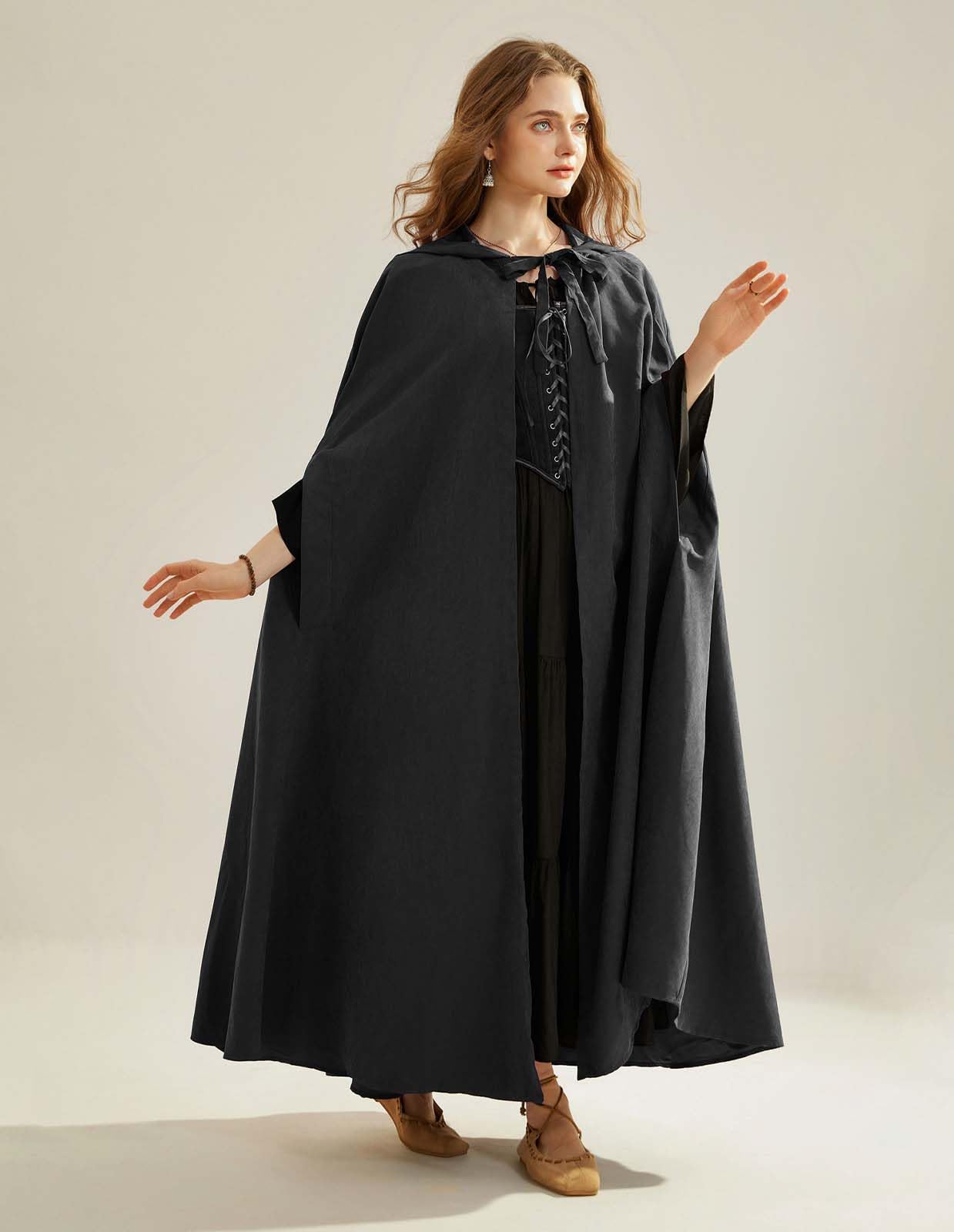 Scarlet Darkness Women Renaissance Hooded Cape Medieval Cloak Hobbit Halloween Costume Black
