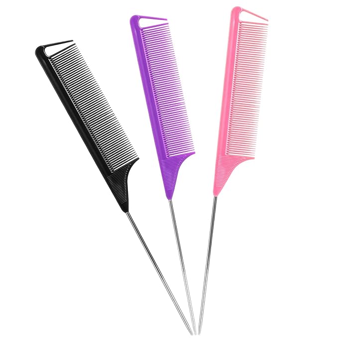 Rat Tail Combs Set: 3Pcs Long Steel Pin Teasing Combs for Salon Hair Stylists, Metal Parting Combs for Women (Purple, Black, Pink)