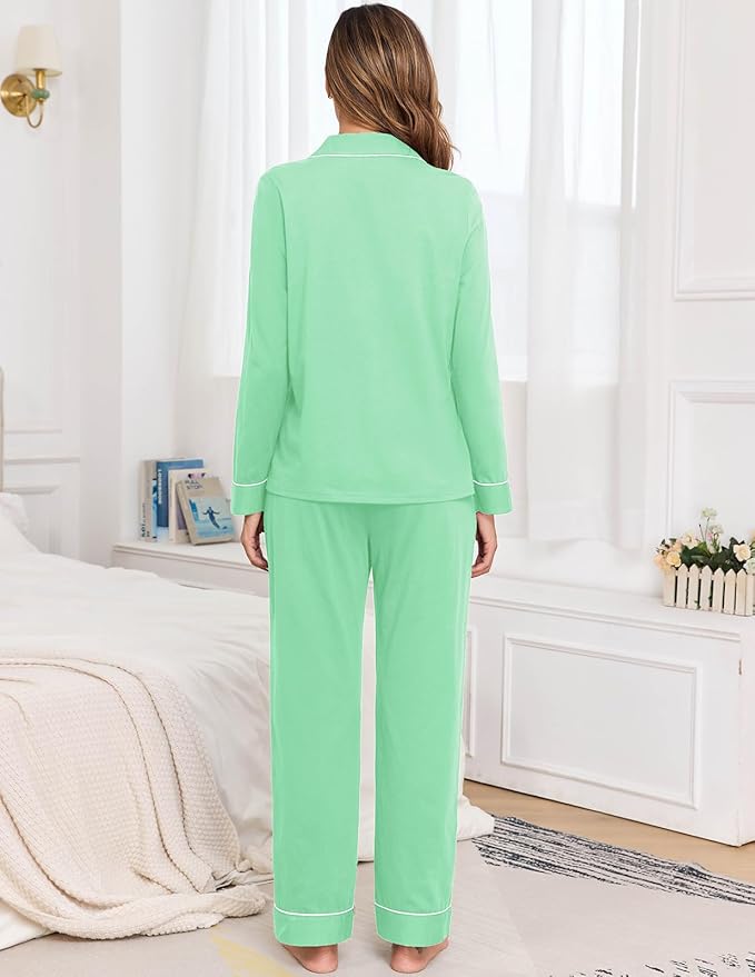 Veseacky 100% Cotton Pajamas for Women Set Long Sleeve Button Down Sleepwear Soft Pjs Lounge Sets with Pockets XS-XXL