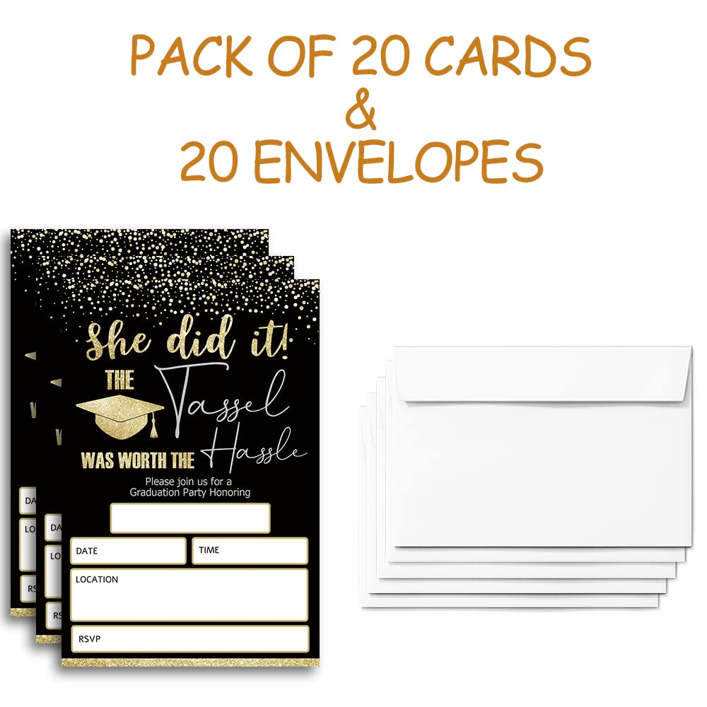 FujLoy 20 Cards with Envelopes, graduation party invitations 2025, 2025 College, High School, University Grad Celebration. (Black 002)