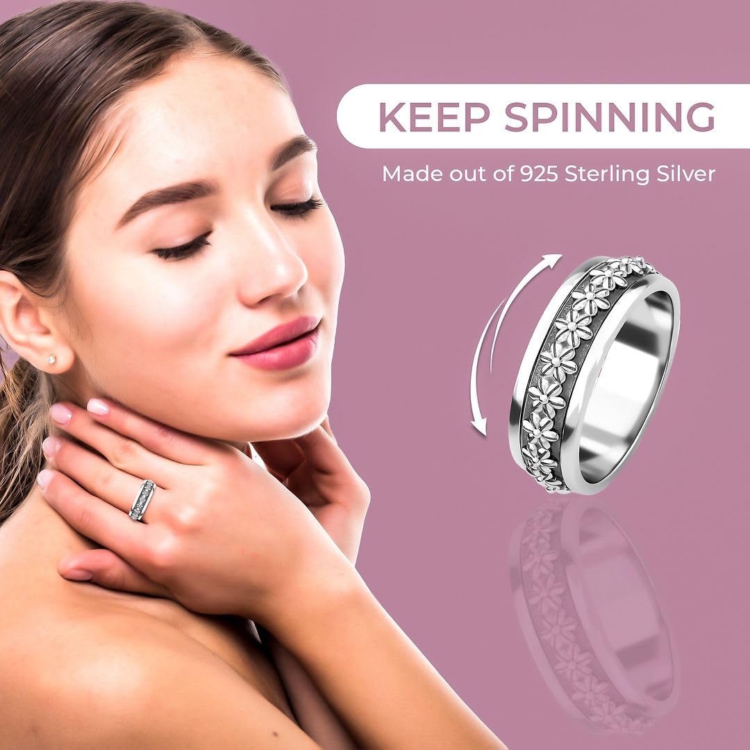 Shop LC Spinner Ring for Women - Spinning Anxiety Ring for Men - Wedding Band 925 Sterling Silver Platinum Plated Daisy Flower J