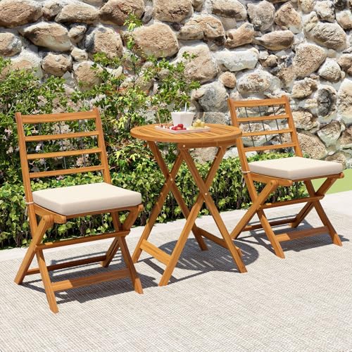 Tangkula 3 Piece Patio Wood Bistro Set, Folding Table Chair Set w/Soft Seat Cushions, Acacia Wood Frame, High-Back Portabl...