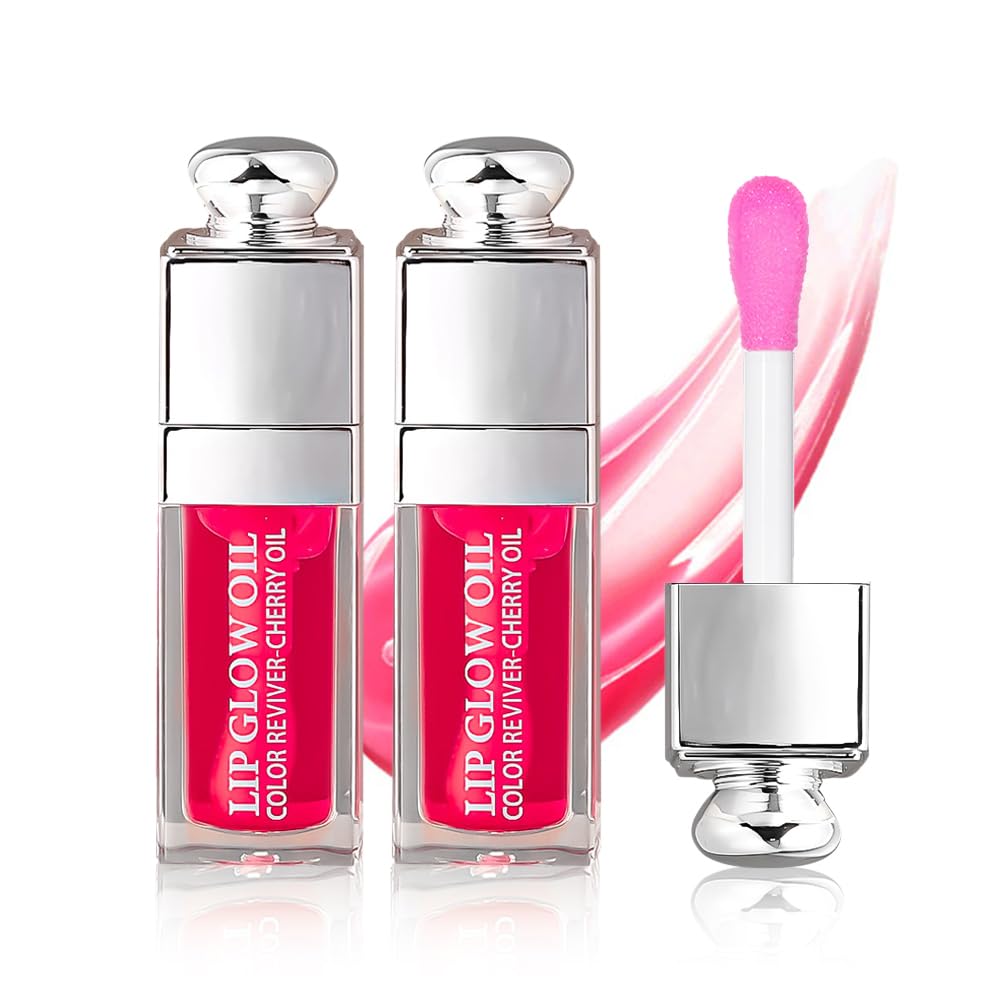2PCS Hydrating Lip Glow Oil, Lip Oil Gloss Transparent Toot Tinted Nourishing Long Lasting Repairing Lightening Lip Lines (RASPB