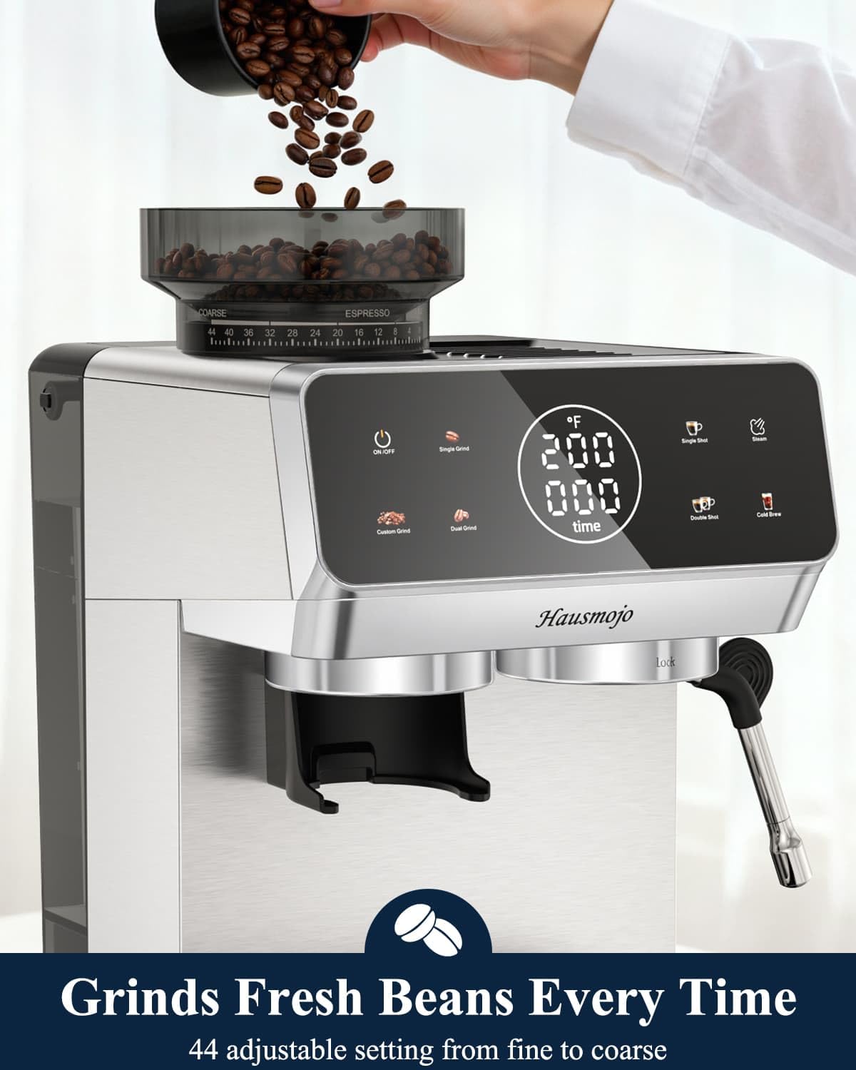 Hausmojo CM1620 Espresso Machine with Built-in Burr Grinder, 20 Bar Bean-to-Cup Espresso Maker with 44 Grind Settings & Steam Wand, Touchscreen Coffee Machine for Latte, Cappuccino & Iced Coffee