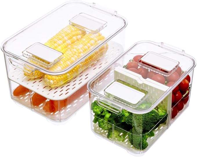 Slideep Food Storage Containers, Lettuce Keeper Stackable Fridge Produce Saver with Lids, Removable Drain Tray Drawers Refrigerator Produce Keeper for Veggie, Berry, Fruits, Vegetables -2 Pack