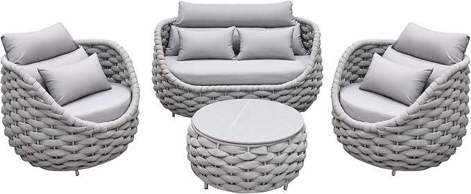 Erotr Woven Rope Patio Sofa Furniture Set of 4: Aluminum All Weather Outdoor Conversation Set, Couch Armchair and Loveseat Set with Table Cushions for Deck Porch Poolside Garden Backyard Hotel - Gray