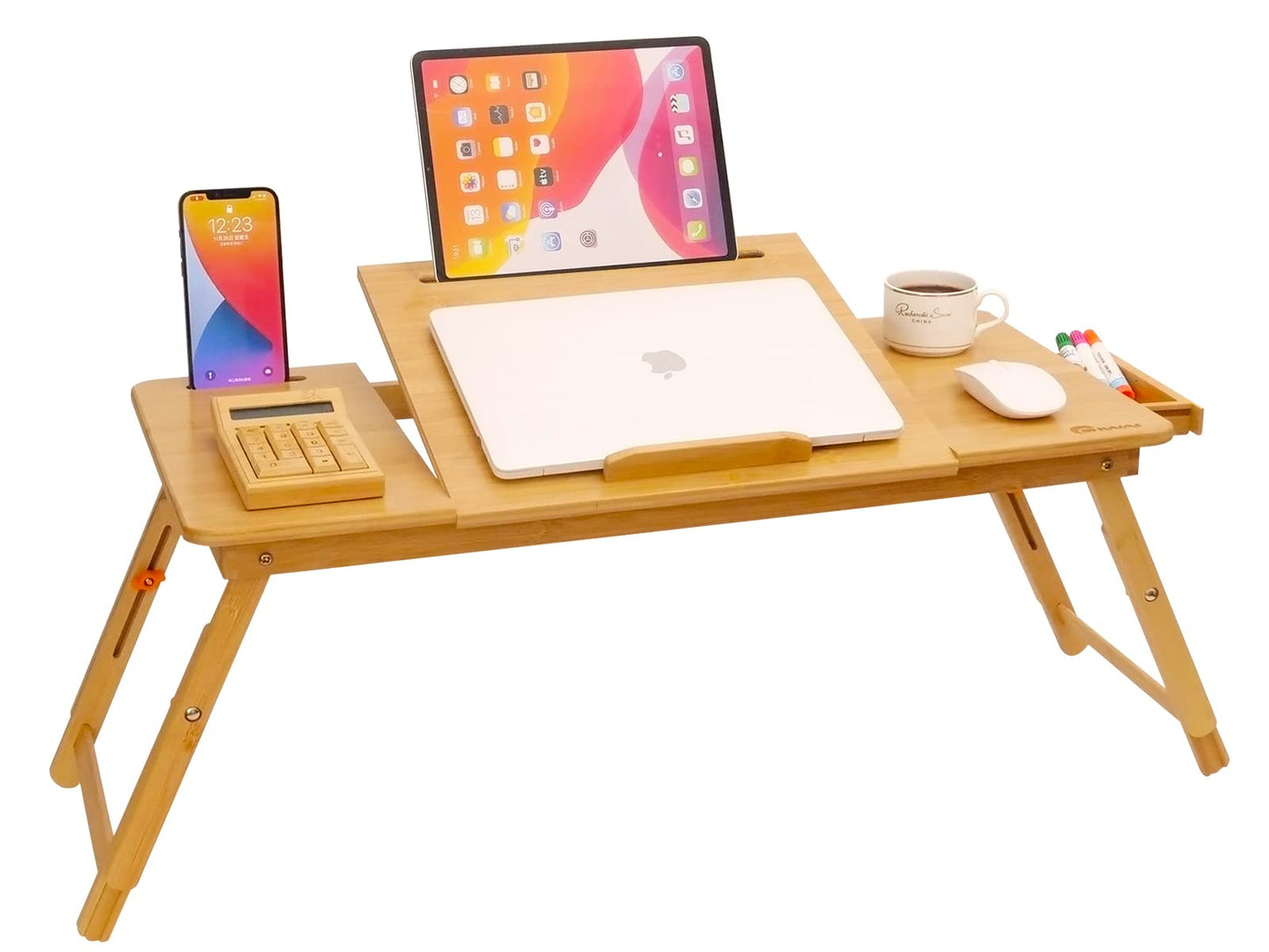 Laptop Desk for Bed, COIWAI Laptop Bed Tray, Bamboo Lap Desk with Tablet Slot, Adjustable Height Angle, Foldable Tray for Sofa Couch Floor, with Storage Drawer - Large