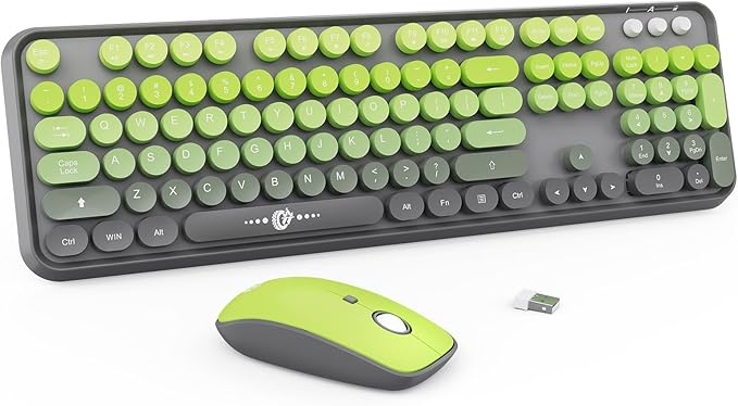 FOPETT Wireless Keyboard and Mouse Combo - 2.4G Full-Sized Cute Colorful Mouse and Keyboard with 104 Round Keys Retro Typewriter Keyboard for Laptop/Windows/PC - Grey Green