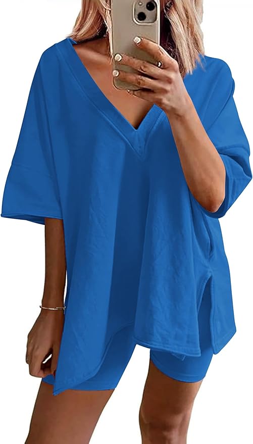 Ekouaer Womens Pajamas 2 Piece Lounge Sets Oversized V Neck T-Shirts Tops Biker Shorts Set Workout Reversible Tracksuit S-XXL