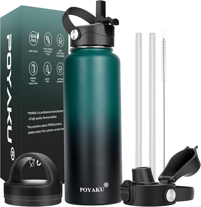 Water Bottle Insulated 32oz 40oz 64oz 128oz Straw Lid Spout Lid & 3 Lids, Leak Proof, Vacuum Insulated,Stainless Steel Wat...