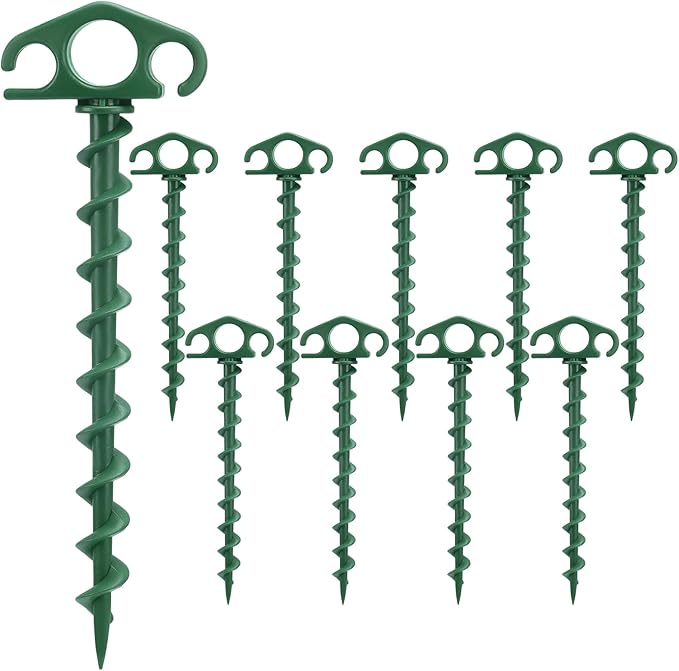 COBARYEN Tent Stakes Ground Anchors Screw in, 10 Pack Sand Stakes for Beach 9.4 Inch Heavy Duty Spiral Tent Pegs for Camping, Party, Hiking, Outdoor Decoration (10, Green)