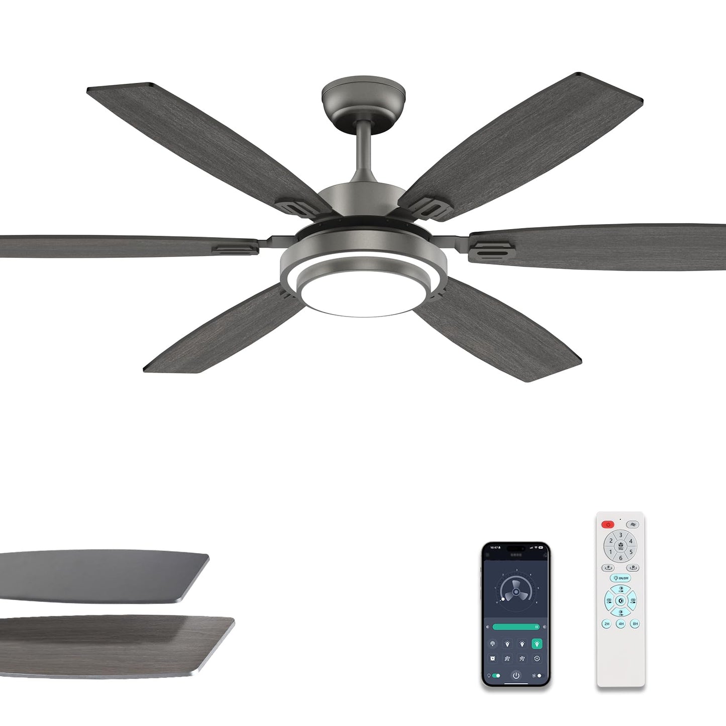 Fanbliss 60 Inch Grey Large Ceiling Fans With Lights And Remote Control For Living Room, Modern Ceiling Fan With Quiet Reversibl