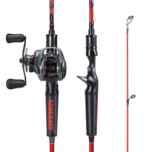 One Bass Fishing Rod and Reel Combo, IM7 Graphite 2 Pc Blank Baitcasting Combo, Spinning Rod with SuperPolymer Handle- 6'6" Casting Combo with Left Handed Reel- Red