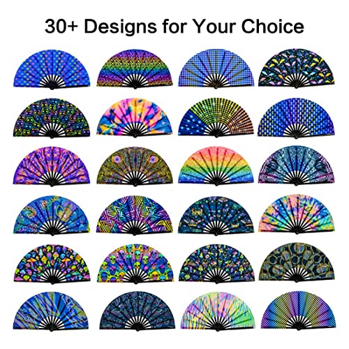 Raveahem UV Glow Rave Fan, Bamboo Folding Clack Hand Fans Foldable for Men Women, Boots on the Ground Poping Fan for EDM F...